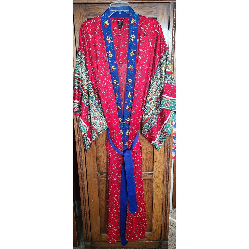 Cabernet Red Floral Satin Long Robe Embroidered Beaded Kimono Sleeve Small